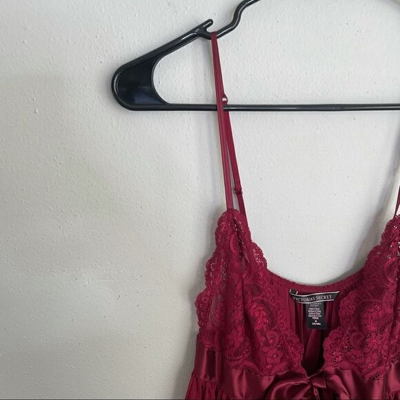 Victoria's Secret Burgundy Pleated Bow Babydoll Flyaway Lace Slip Vintage Dress - Picture 6 of 13